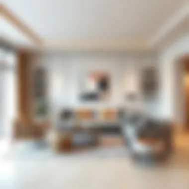 A harmonious living room showcasing a blend of soft shades and accent colors