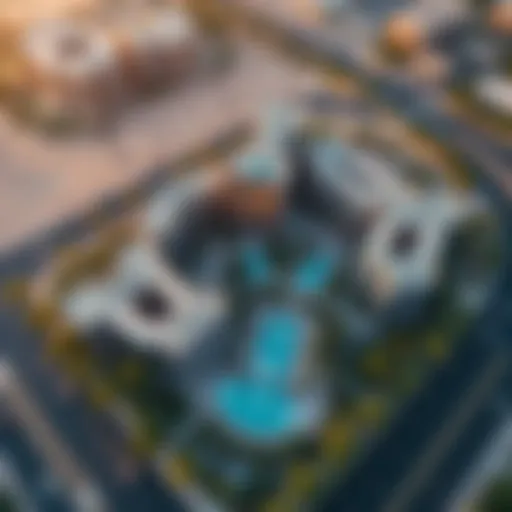 Aerial view of Address Fountain Views showcasing the modern architecture and surrounding landscape.
