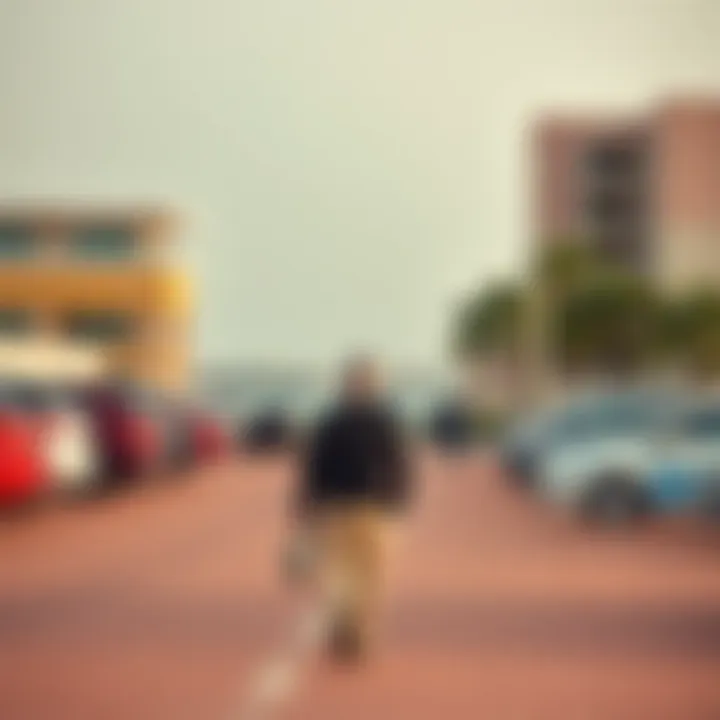Visitor walking towards the waterfront area from the parking lot