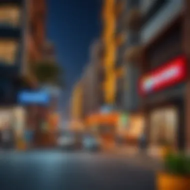 Vibrant street scene near Burjuman Metro Station with shops and cafes