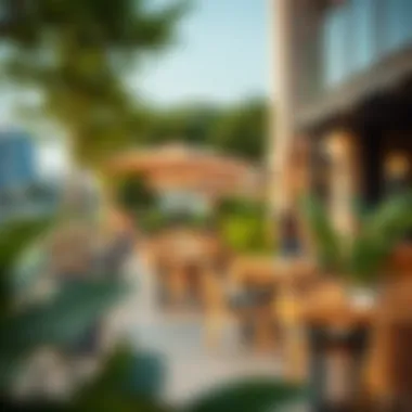 Outdoor seating area with lush greenery