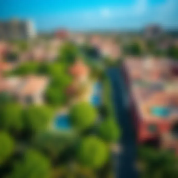 Community Dynamics: Exploring Dubai Neighborhoods Aerial view of a vibrant neighborhood in Dubai filled with lush greenery