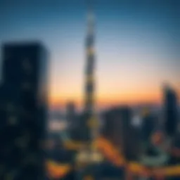 Stunning view of Dana Tower at dusk, illuminating Sharjah skyline.