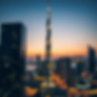 Dana Tower at Dusk Stunning view of Dana Tower at dusk, illuminating Sharjah skyline.