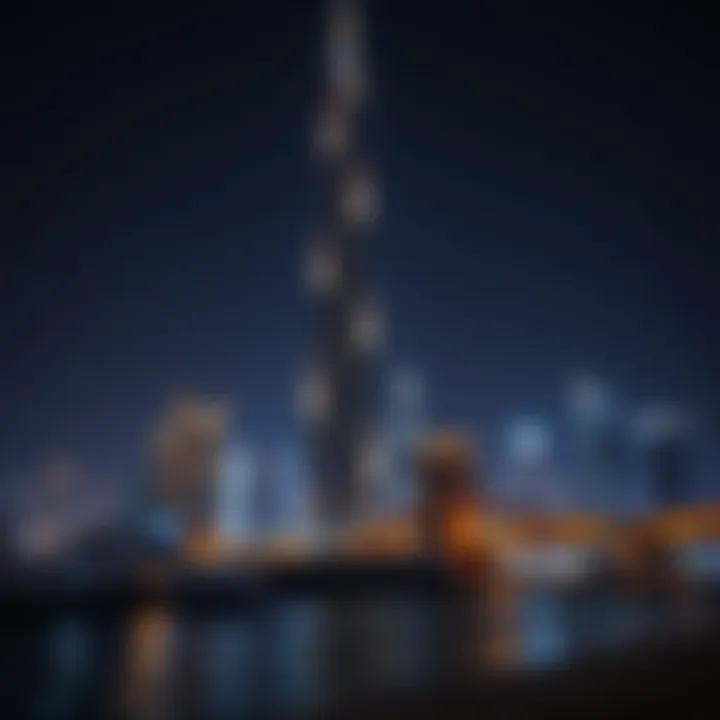Night view of Dubai Creek Tower illuminated with city lights