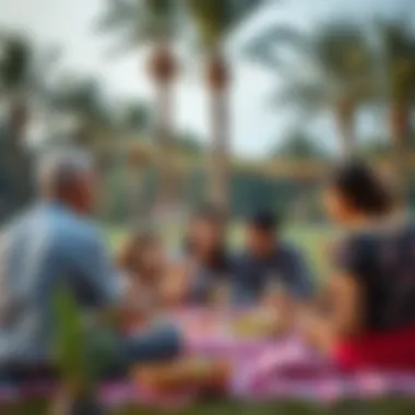 A picturesque view of families enjoying a public holiday picnic in a Dubai park