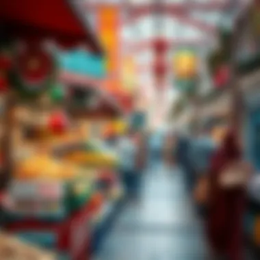 A bustling market scene filled with vibrant colors and holiday shoppers in Dubai