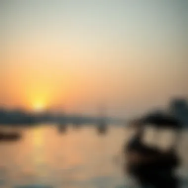 Dubai Creek Serenity Stunning sunset view over Dubai Creek with traditional dhows sailing