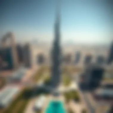 Aerial View of Al Gurg Tower Aerial perspective of Al Gurg Tower amidst the bustling Dubai landscape, emphasizing its prominence.