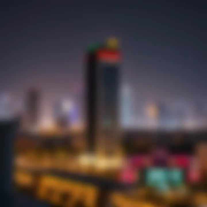 Night view of the Al Tayer Building illuminated against the Dubai skyline