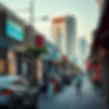 A bustling commercial area in Arjan featuring shops and dining options