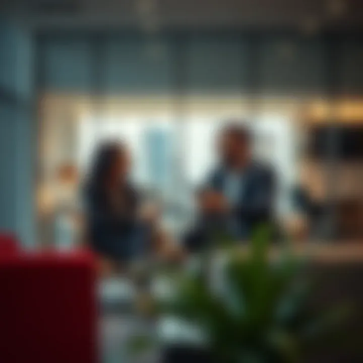 Investment Discussion Couples discussing property investments in a modern office setting.