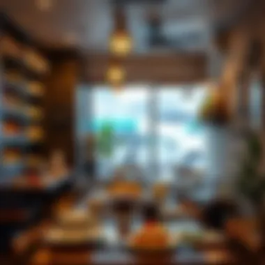 Charming Café Atmosphere A cozy café with an inviting atmosphere, showcasing a delicious array of desserts and beverages