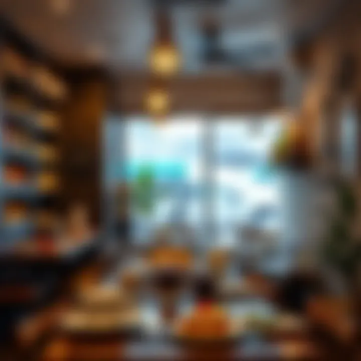 Charming Café Atmosphere A cozy café with an inviting atmosphere, showcasing a delicious array of desserts and beverages