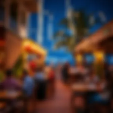 Vibrant Outdoor Dining Experience A bustling outdoor terrace filled with patrons enjoying diverse international cuisines