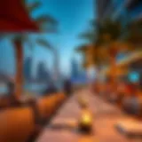 Dubai Marina Sunset Dining Scene A stunning view of Dubai Marina at sunset with vibrant restaurants lining the waterfront