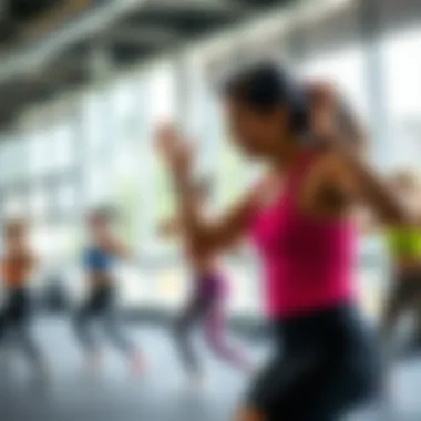 A vibrant group fitness class in action, showcasing community and energy