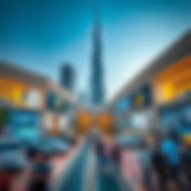 A panoramic view of Dubai Mall with Burj Khalifa in the background