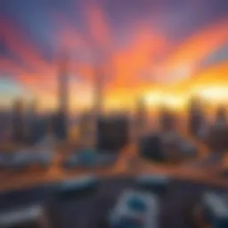 Panoramic view of Dubai skyline at sunset