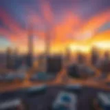 Dubai Skyline: A Sunset Spectacle Panoramic view of Dubai skyline at sunset