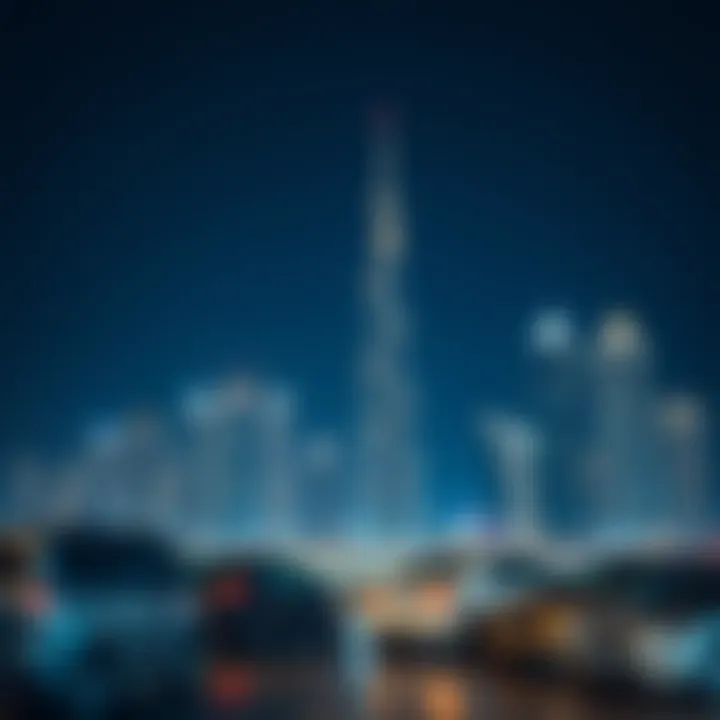 Dubai Skyline at Night Nighttime skyline of Dubai with the tallest building illuminated