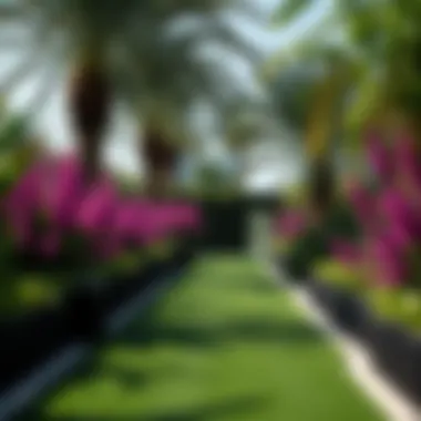 Tranquil Pathway within حديقة المشرف Serene walking path surrounded by vibrant flora in حديقة المشرف