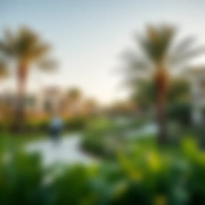 Walking trails winding through landscaped gardens with community members enjoying the outdoors