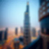 A stunning view of Mihtab Tower against the Dubai skyline