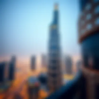 A stunning view of Mihtab Tower against the Dubai skyline