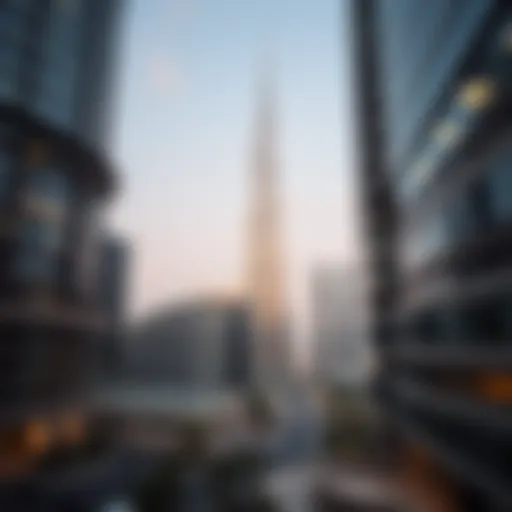 Stunning view of Burj Khalifa surrounded by modern architecture