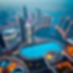 Aerial view of the Aura Sky Pool showcasing its stunning design against the Dubai skyline