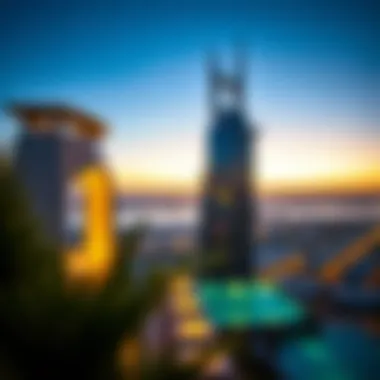 Architectural Features of Aura Sky Pool The architectural features of the Aura Sky Pool highlighted against a sunset backdrop