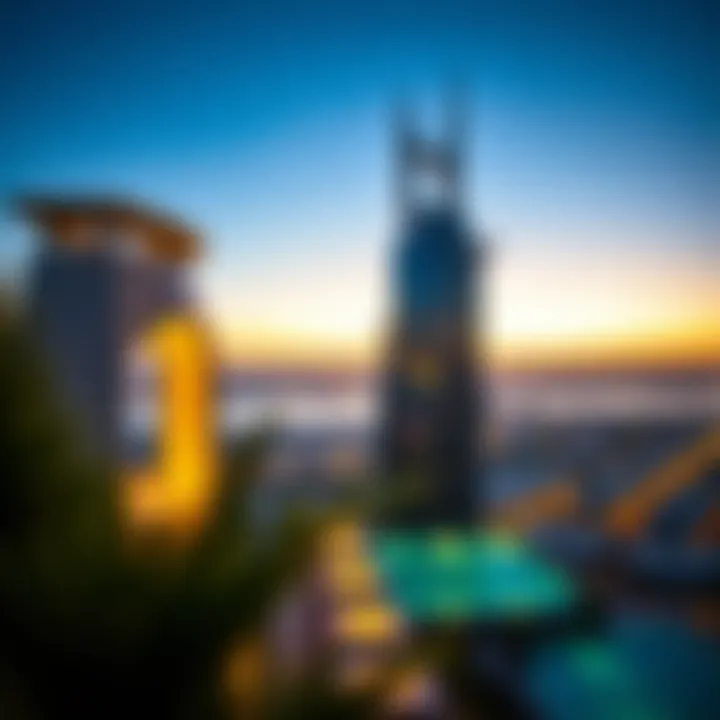 Architectural Features of Aura Sky Pool The architectural features of the Aura Sky Pool highlighted against a sunset backdrop