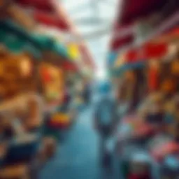 A bustling market scene showcasing vibrant stalls filled with affordable goods in Dubai.