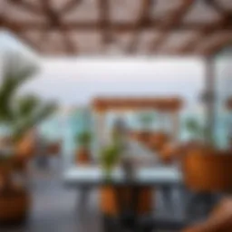 A tranquil waterfront cafe with a stunning view