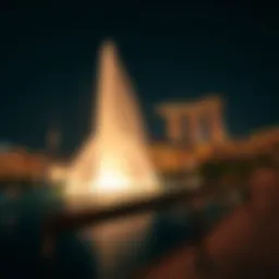 A panoramic view of the Dubai Fountain illuminated at night