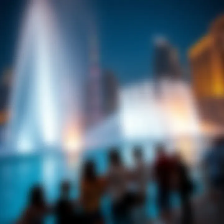 Experience of the Dubai Fountain Show Visitors enjoying the fountain show with iconic landmarks in the background