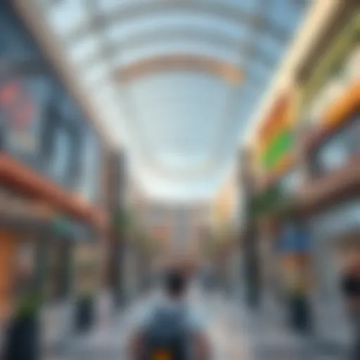 A vibrant shopping center showcasing modern architecture and a variety of stores