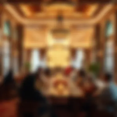 A serene community gathering space decorated for Ramadan celebrations, filled with light and warmth.