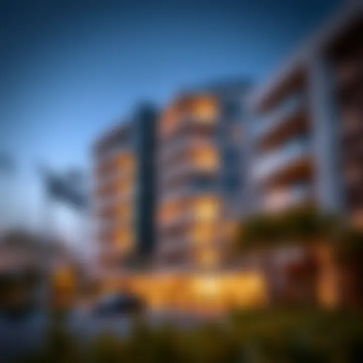 A view of a modern apartment complex in MBZ City showcasing rental options