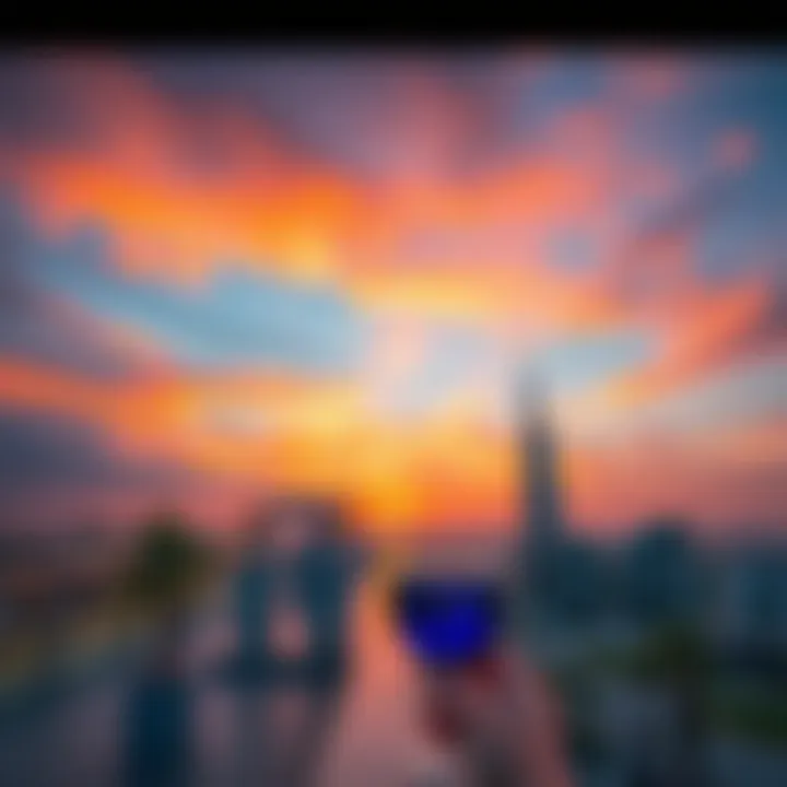 Stunning Sunset from Nakheel Mall Rooftop A vibrant sunset view from the rooftop, highlighting the beauty of Dubai