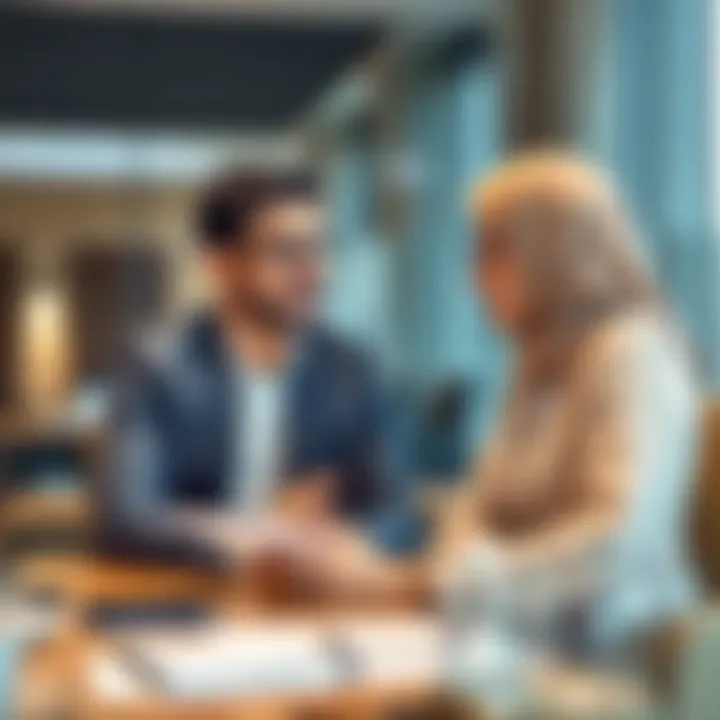 Broker-Client Interaction in Real Estate Broker discussing property options with a client in a modern office setting