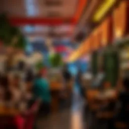 A bustling cafe scene in Dubai, showcasing diverse clientele and vibrant decor