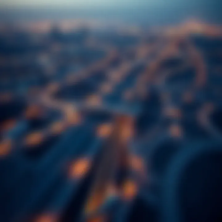 Aerial view of Abu Dhabi with the E100 highway leading towards Dubai