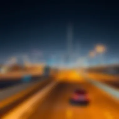Modern skyline of Dubai visible from the E100 highway