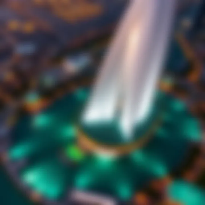 An aerial shot showcasing the Dubai Fountain's unique design and surrounding area