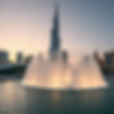 A panoramic view of the Dubai Fountain with the Burj Khalifa in the background