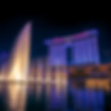 A breathtaking view of the Dubai Fountains illuminated at night