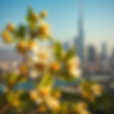 Cultural Significance of Lemon Blossom in Dubai's Landscape Close-up of lemon blossoms with Dubai skyline in the background