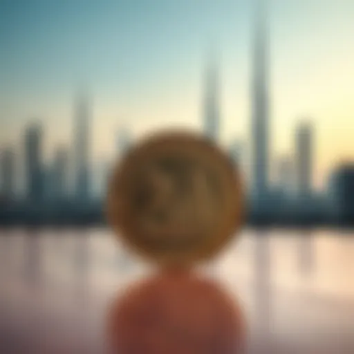 The Emirati Dirham coin with Dubai skyline in the background